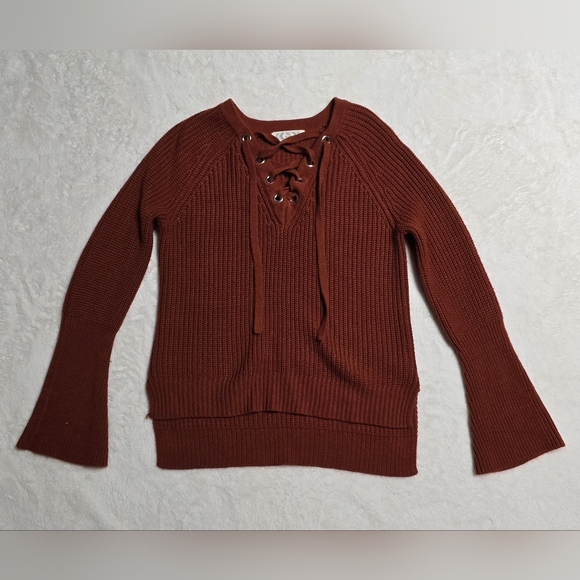 Pink Rose Sweaters - Pink Rose Sweater Size Medium M Brown Rustis Red Shirt Flare Arms V-Neck Top